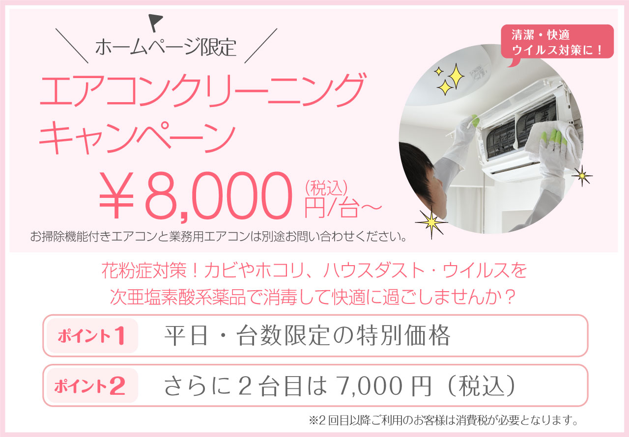 ホームページ限定 エアコンクリーニングキャンペーン 花粉症対策!カビやホコリ、ハウスダストを掃除して快適に過ごしませんか?